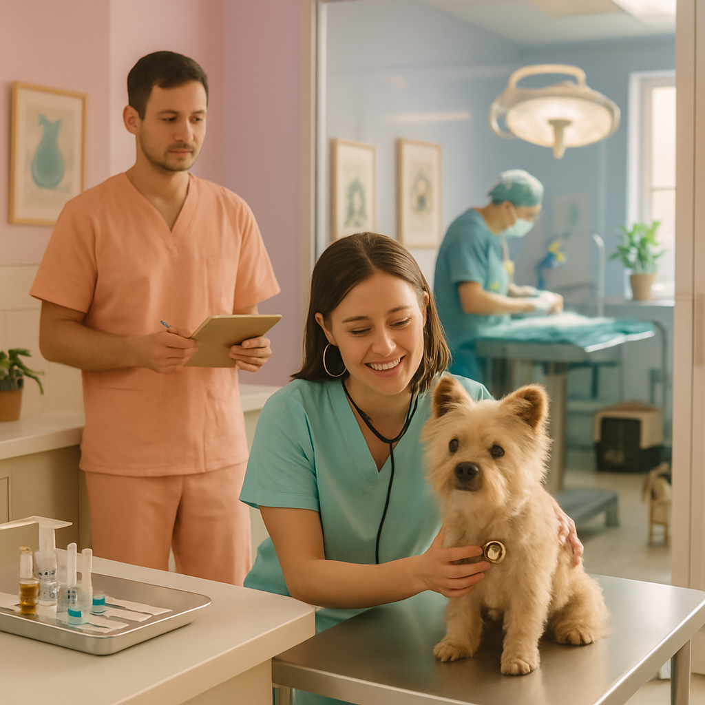 Smiling veterinarian holding a happy dog in a bright clinic with pastel decor