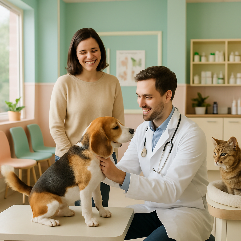 Veterinary team smiling and interacting with a cat and dog in a pastel clinic